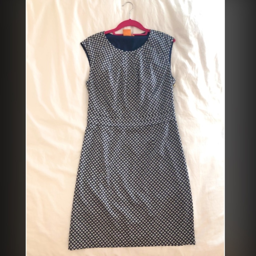 Tory Burch Sleeveless Dress, 90% Silk, Women’s Size 8, Navy Blue/White Pattern
